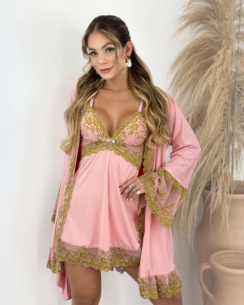 Conjunto Lady Primrose - Camisola + Robe e Calcinha