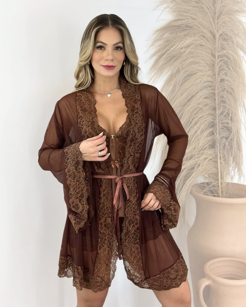 Conjunto Baby-Doll Noix Royale com Robe em Tule e Renda