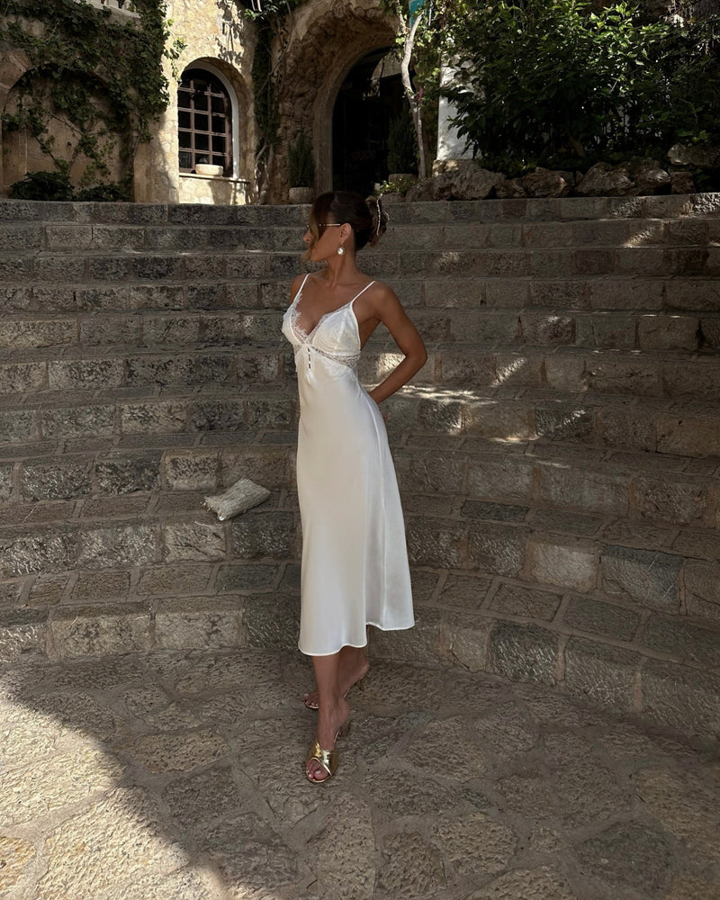 Robe Midi Cetim Lune Blanche em Plumas e Pérola